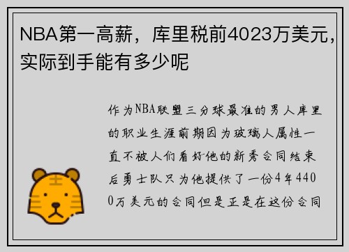 NBA第一高薪，库里税前4023万美元，实际到手能有多少呢